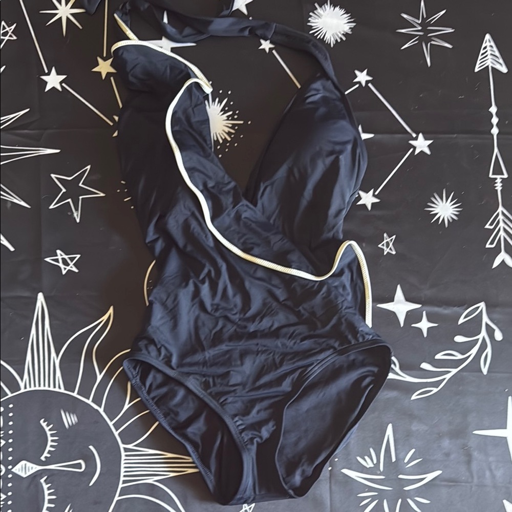 Navy Blue Halter Swimsuit with White Trim